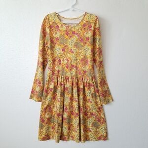 GARNET HILL Green Cotton Girls L Long Sleeve Dress Floral Organic Cotton Yellow